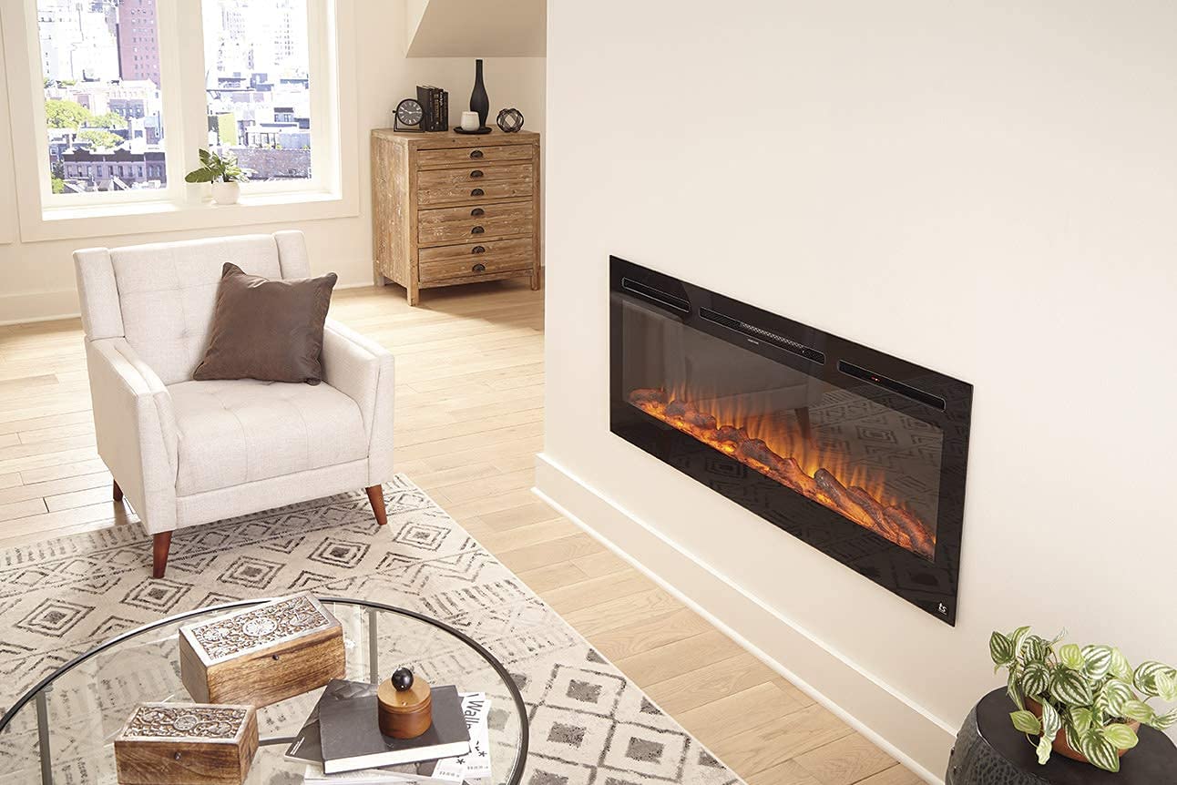 Touchstone 80004 - The Sideline Electric Fireplace - 50 Inch Wide - in Wall Recessed - 5 Flame Settings - Realistic 3 Color Flame - 1500/750 Watt Heater - (Black) - Log & Crystal Hearth Options