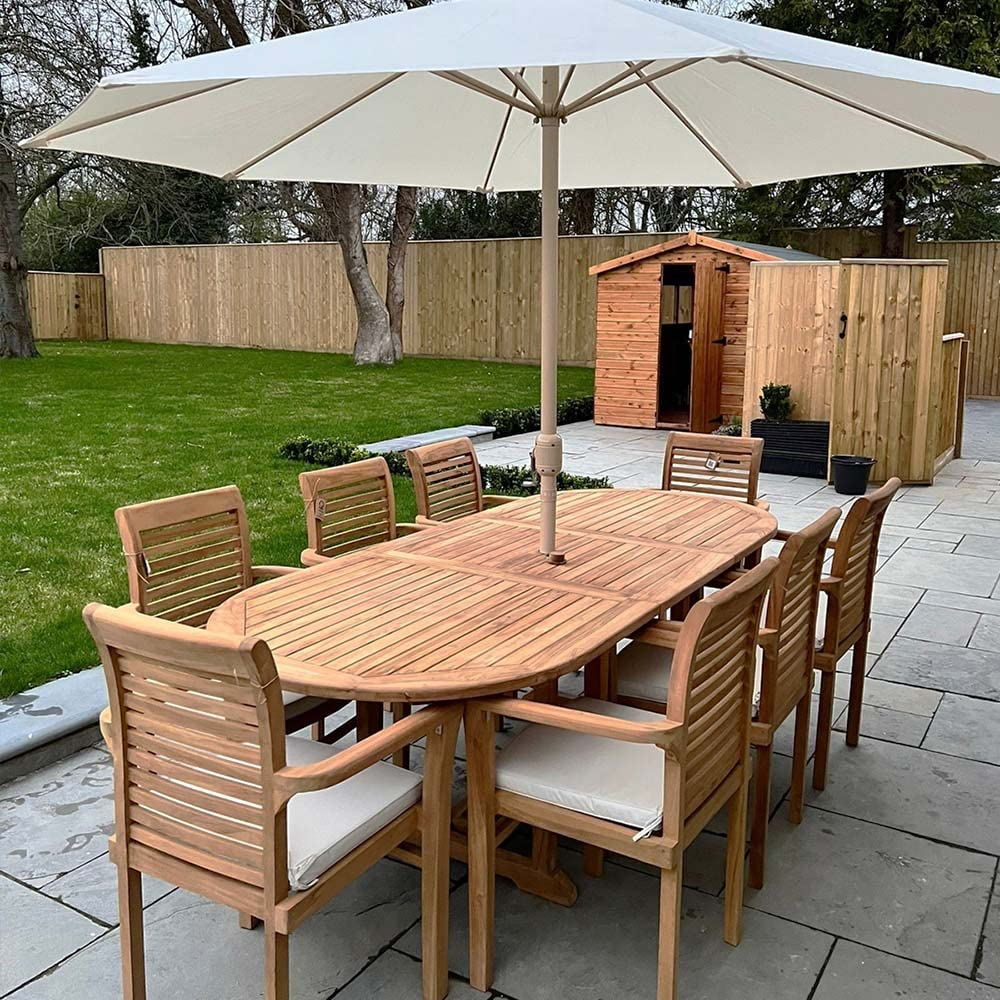 【Home&Garden】【BS】Teak Garden Furniture Set, Garden Table & 8 Chairs, Wooden Garden Furniture Set with Parasol