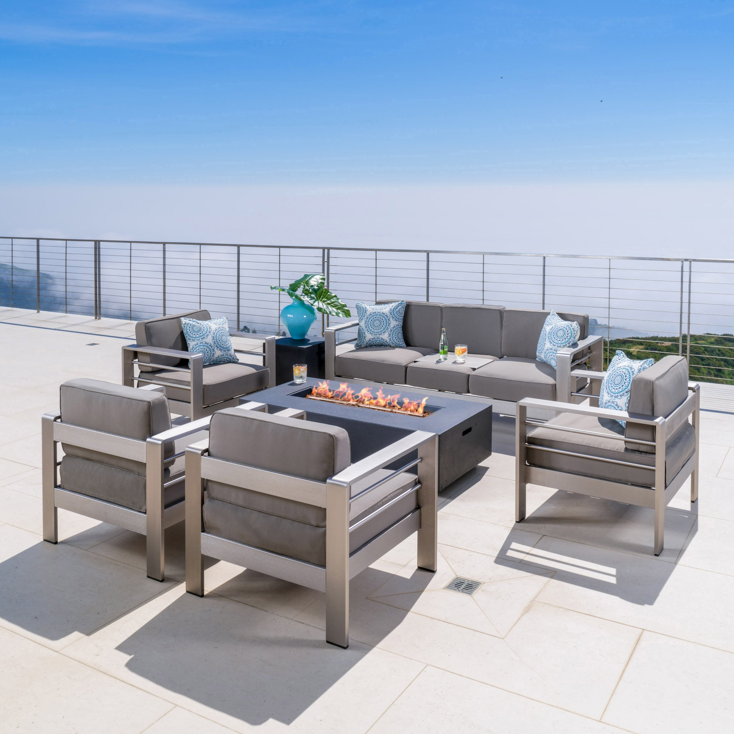 【Furniture】Cape Coral Outdoor Set of Club Chairs with 3 Seater Loveseat and Firepit, 4-Pcs Set