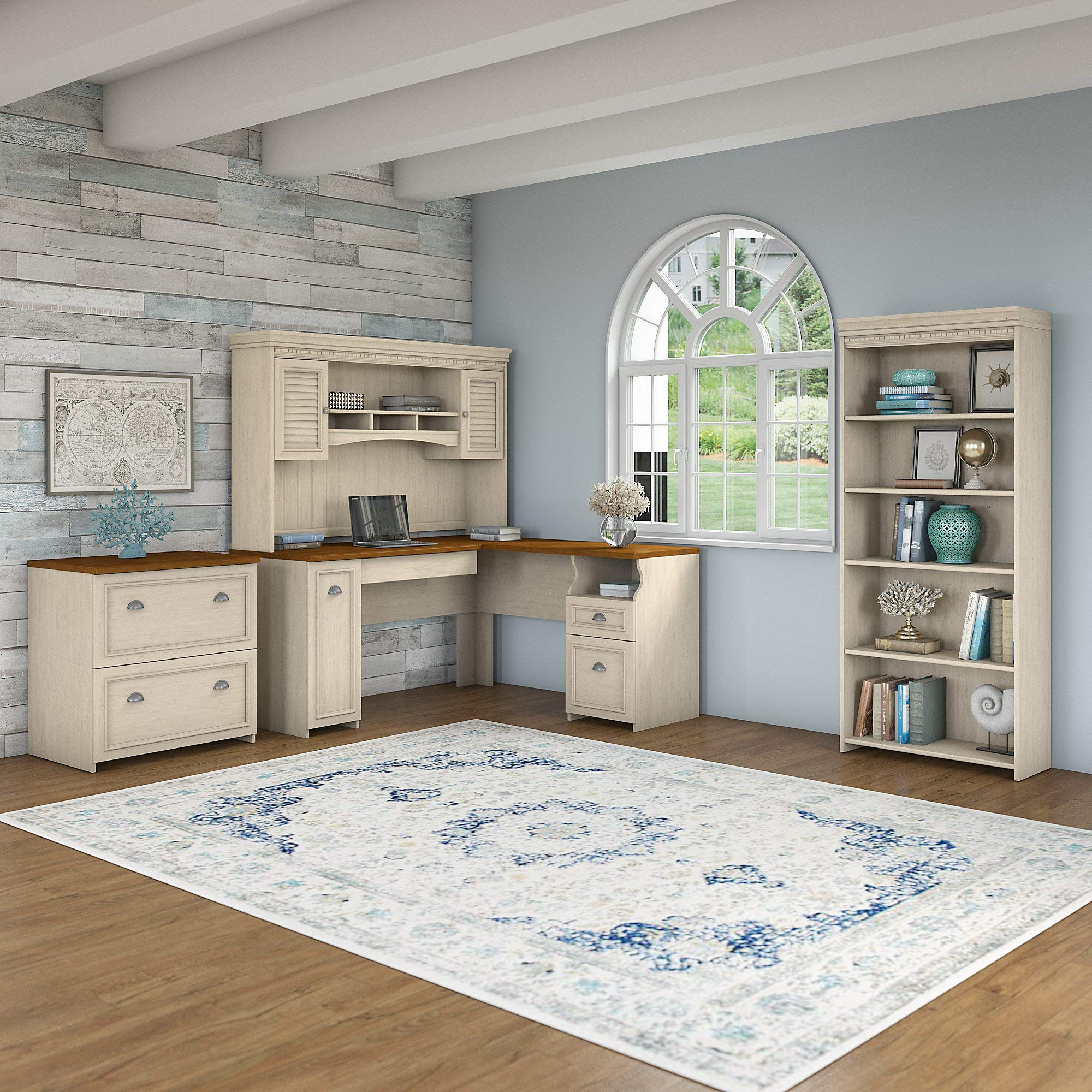 【Furniture】Fairview L Shaped Desk with Hutch, Bookcase and Lateral File Cabinet in Antique White
