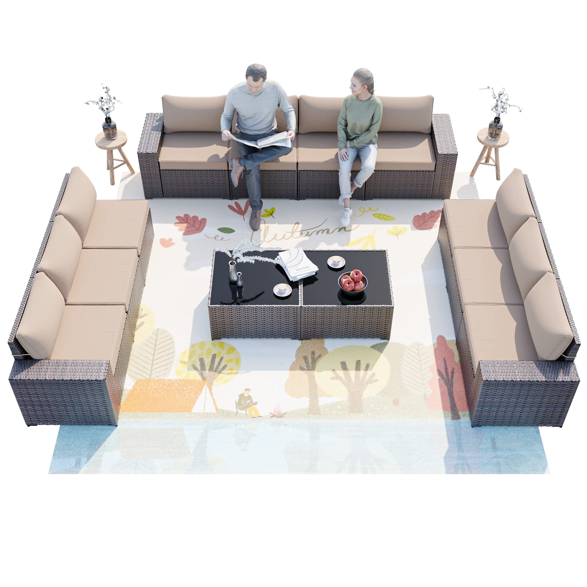 【Furniture】12 Pcs Outdoor Patio Furniture Set Sectional Sofa Sets Brown PE Rattan Patio Conversation Set