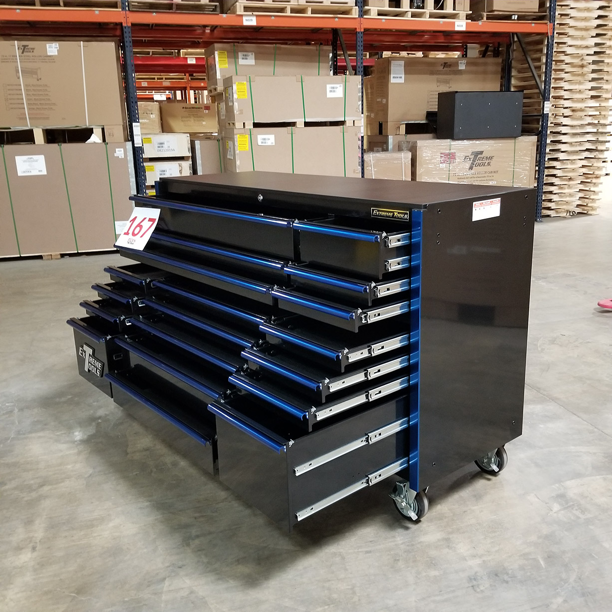 n- used toolboxShowroom Demo, Extreme Tools RX Series 72 19 Drawers 25 Deep Roller Cabinet, Black-Blue, 150 lbs. Slidesn-