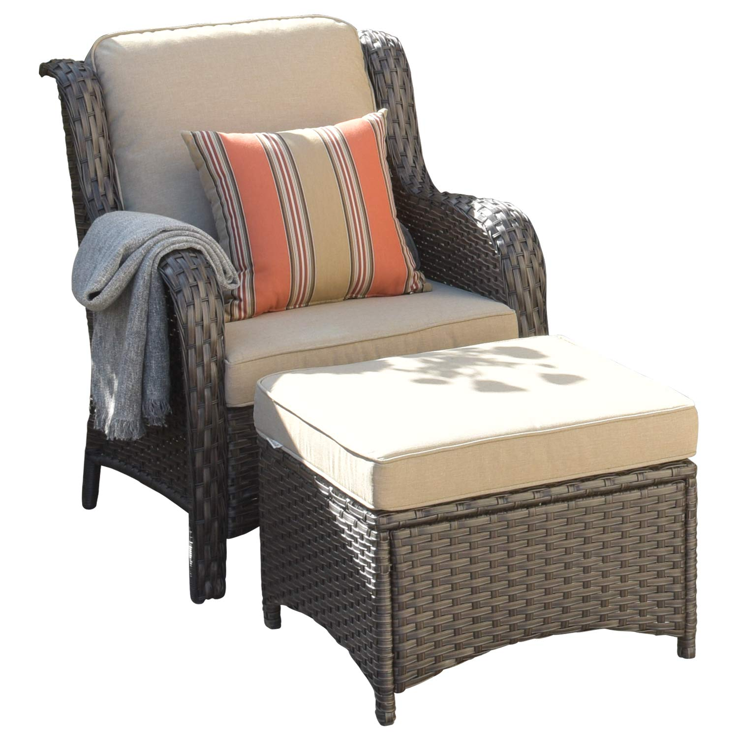 【Furniture】Patio Furniture Conversation Set All Weather Wicker 6 Pcs High Back Sofa w Coffee Table & Ottomans