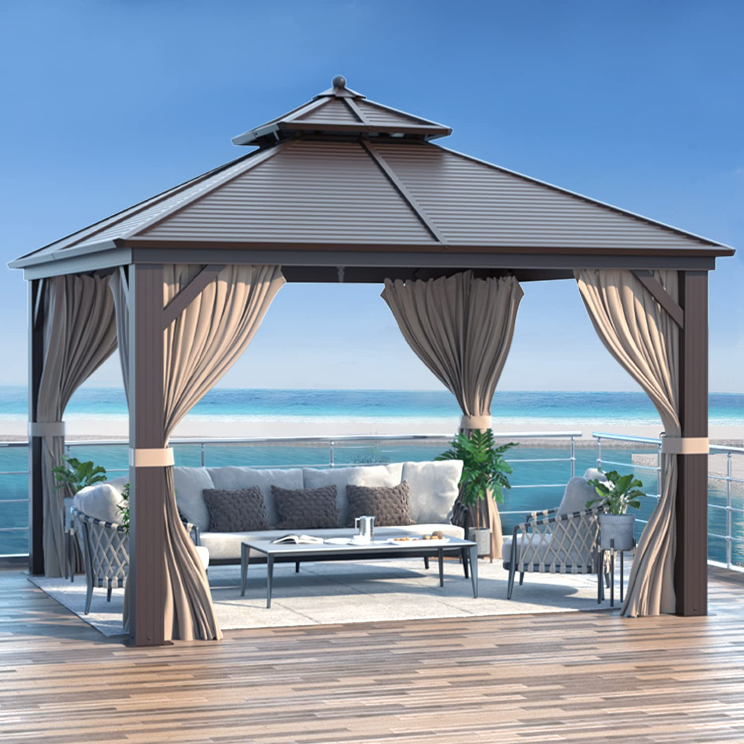 【Gazebo】Hardtop Gazebo Galvanized Steel Outdoor Gazebo Canopy Double Roof Pergolas Aluminum Frame
