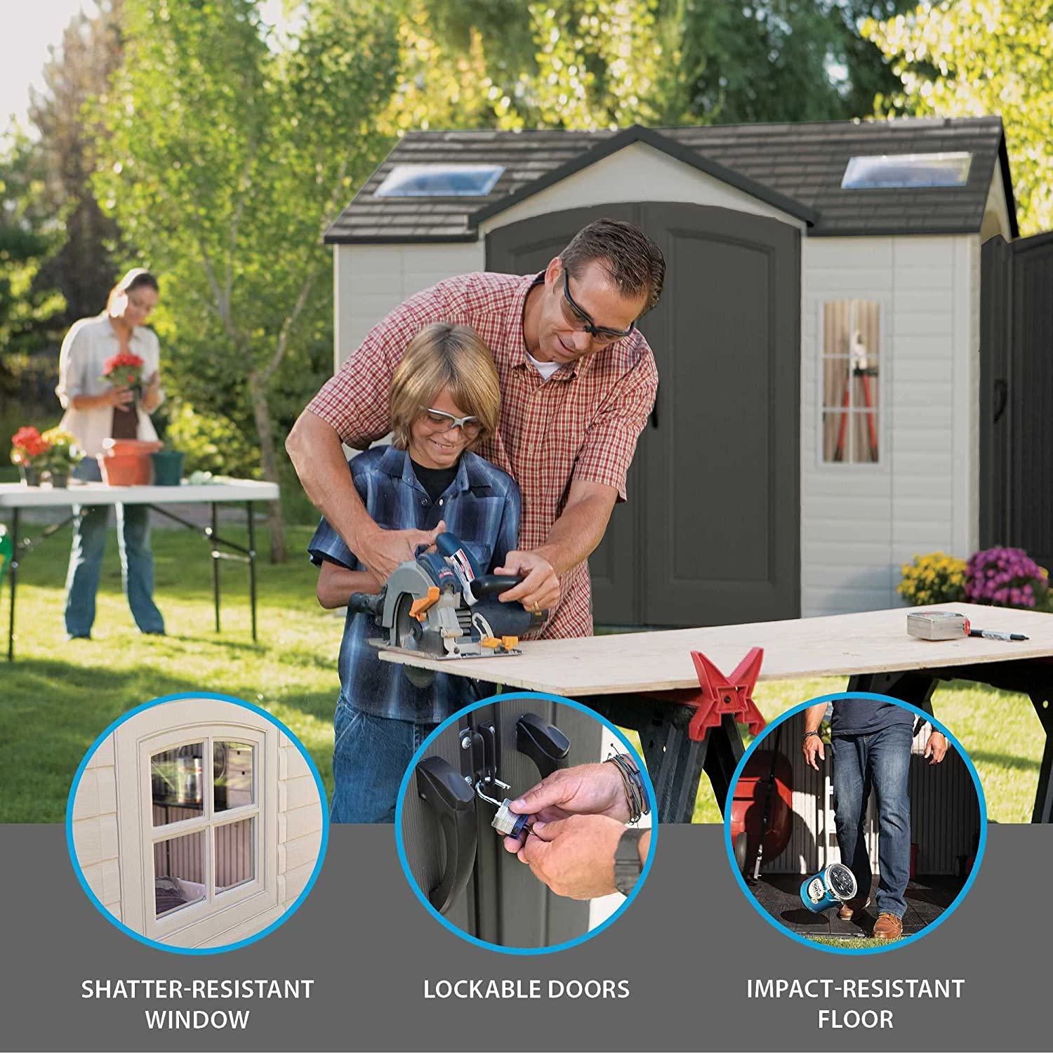 【Storage Shed】10'x8' Resin Outdoor Storage Shed with Shutters, Windows & Skylights for Garden Patio